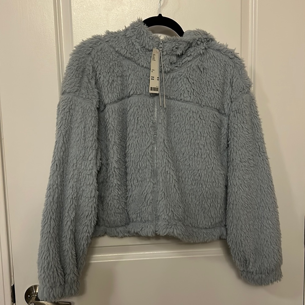 Urban Outfitters Light Blue Cropped Fuzzy Zip Up Jacket